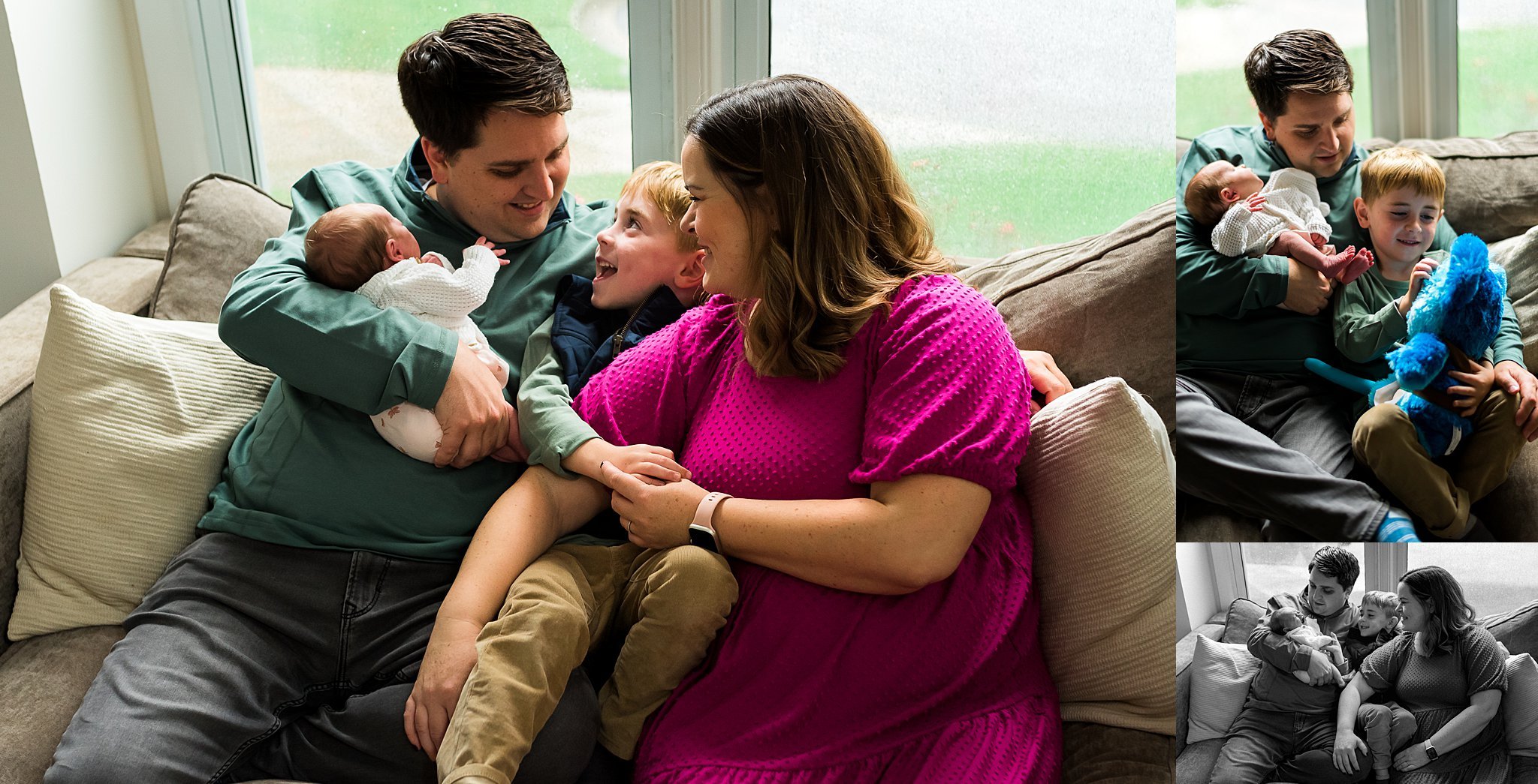 mom, dad, brother and newborn sister snuggled on couch