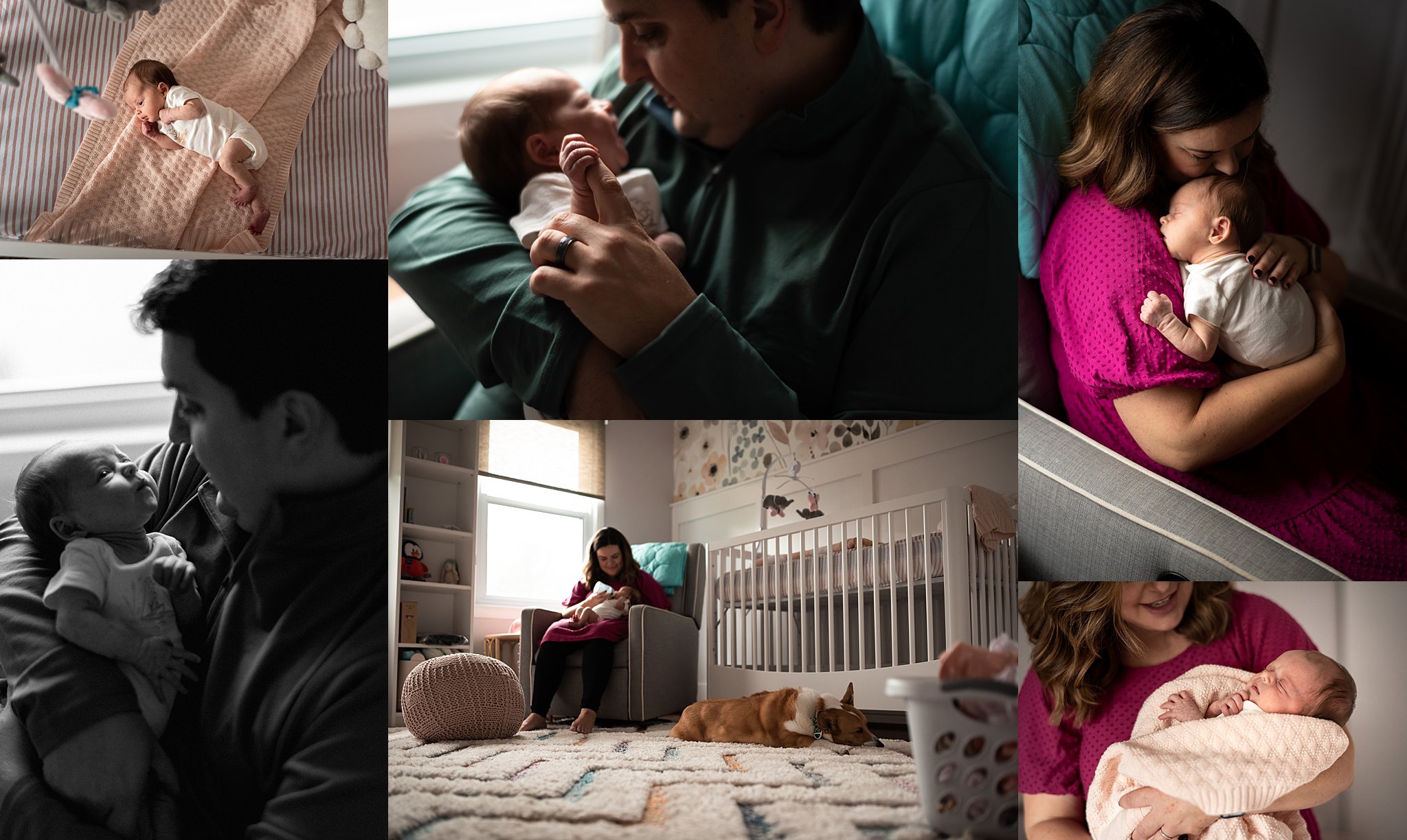 mom, dad and newborn girl in nursery