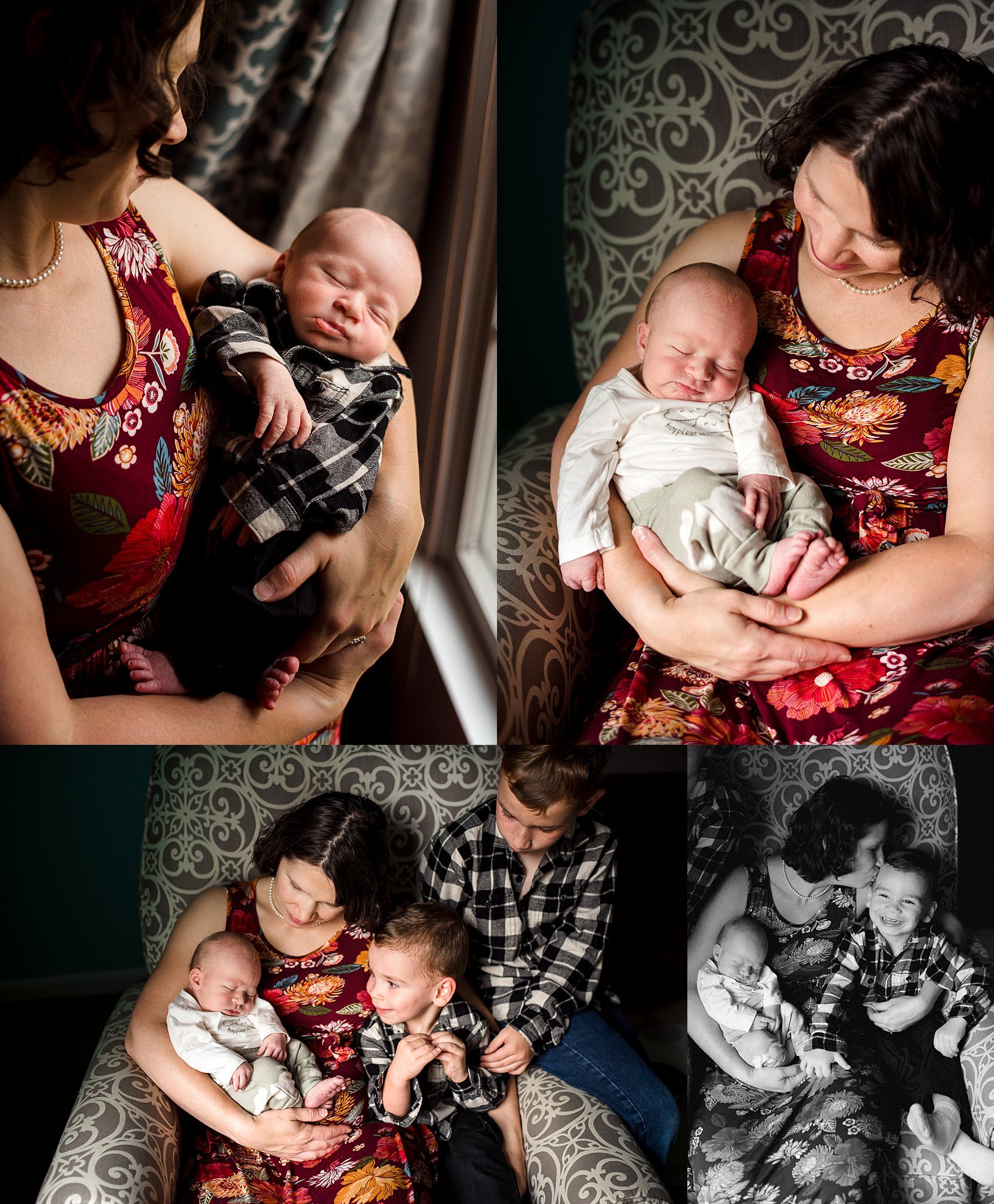 mom holds newborn baby and snuggles with her 3 boys