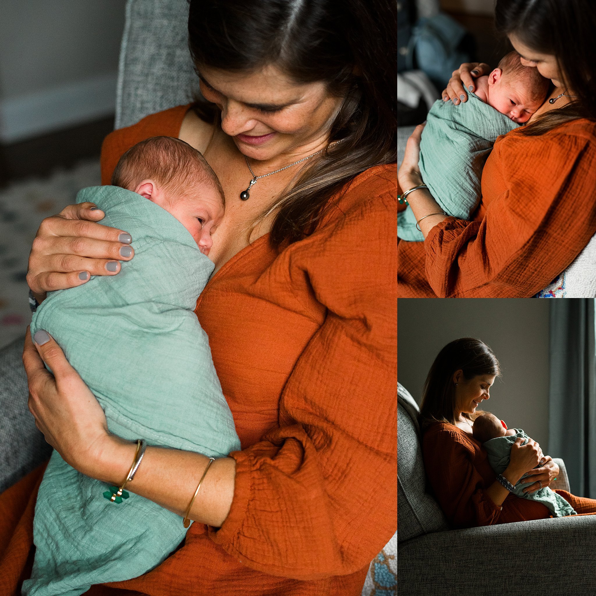 mom holding newborn baby in rocking chair