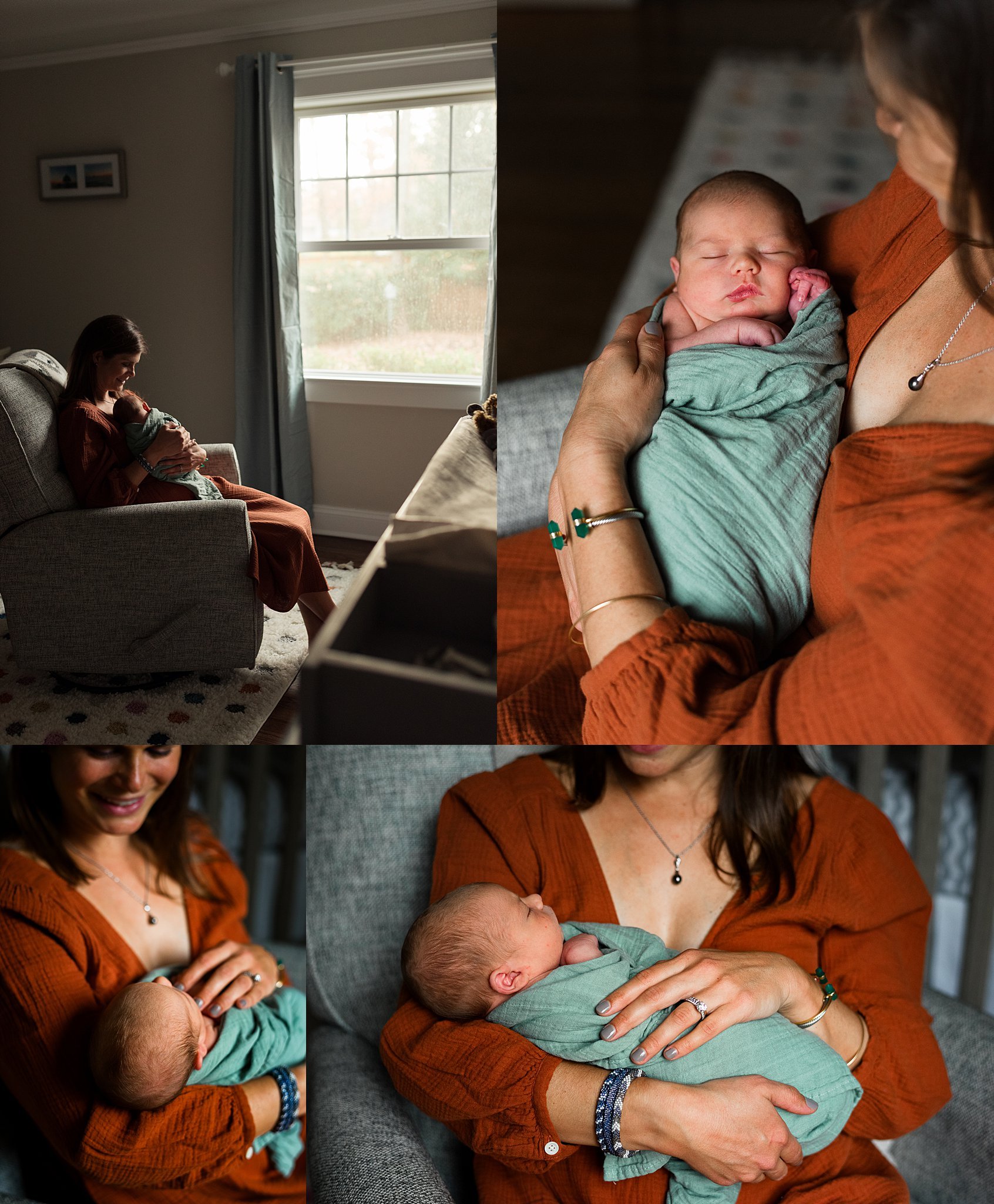 mom holding newborn baby in a rocking chair