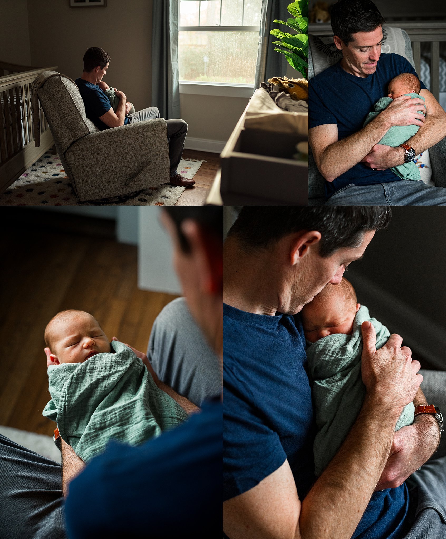 dad holding newborn baby in a rocking chair