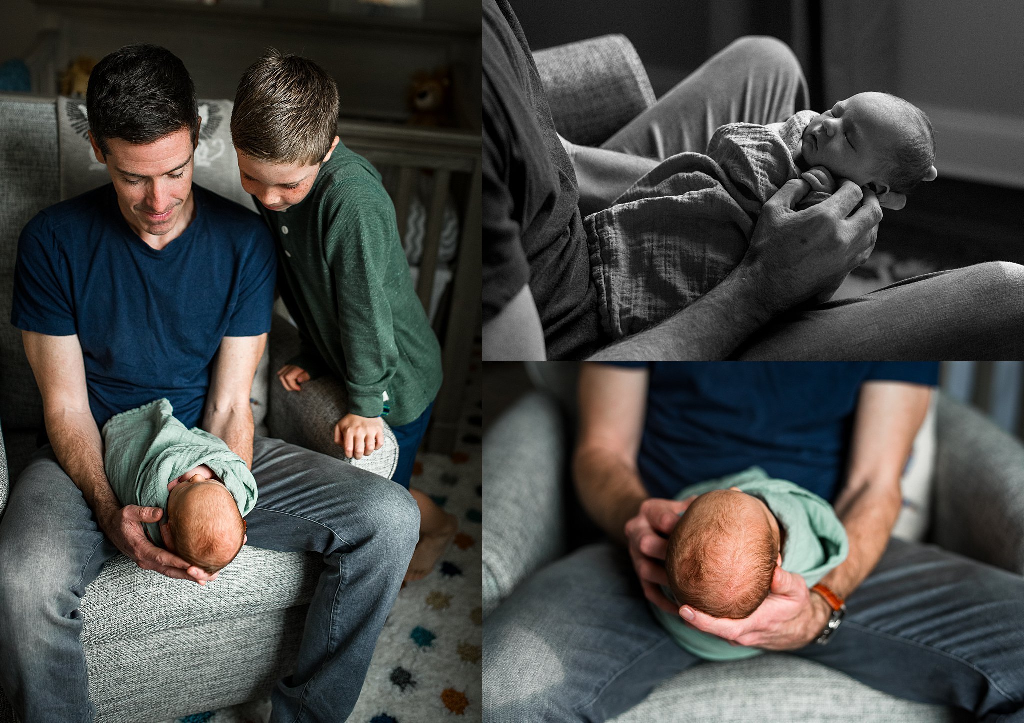 dad holds newborn baby in a rocking chair