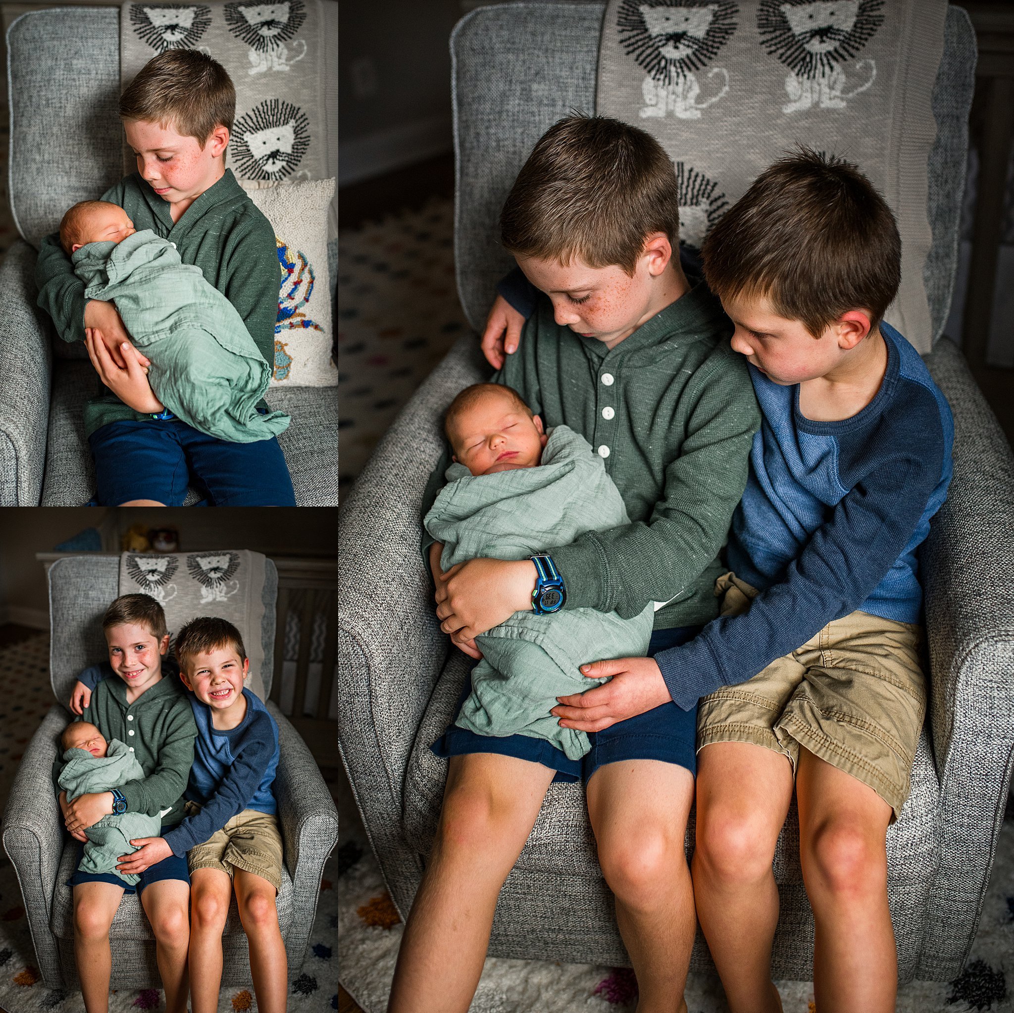 brothers holding newborn baby in a rocking chair