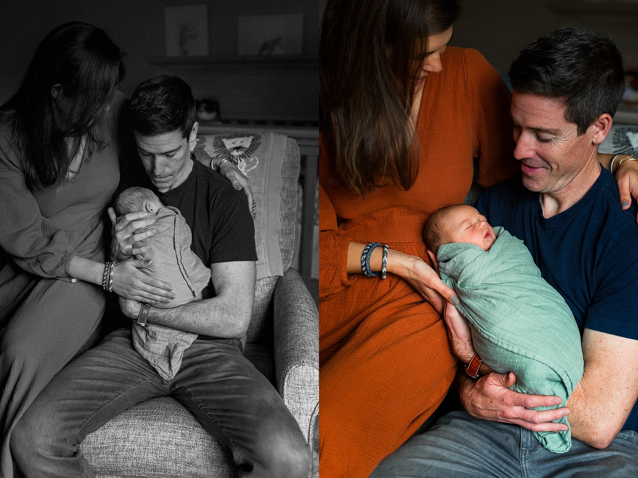 mom and dad holding newborn baby in rocking chair