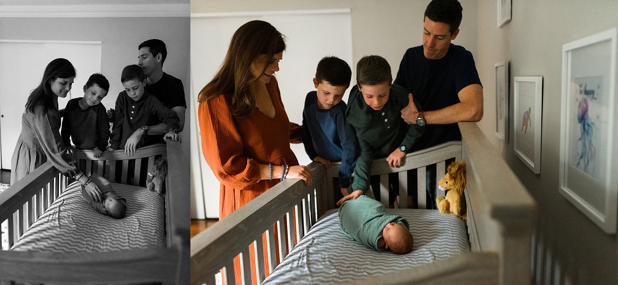 family standing around a newborn's crib