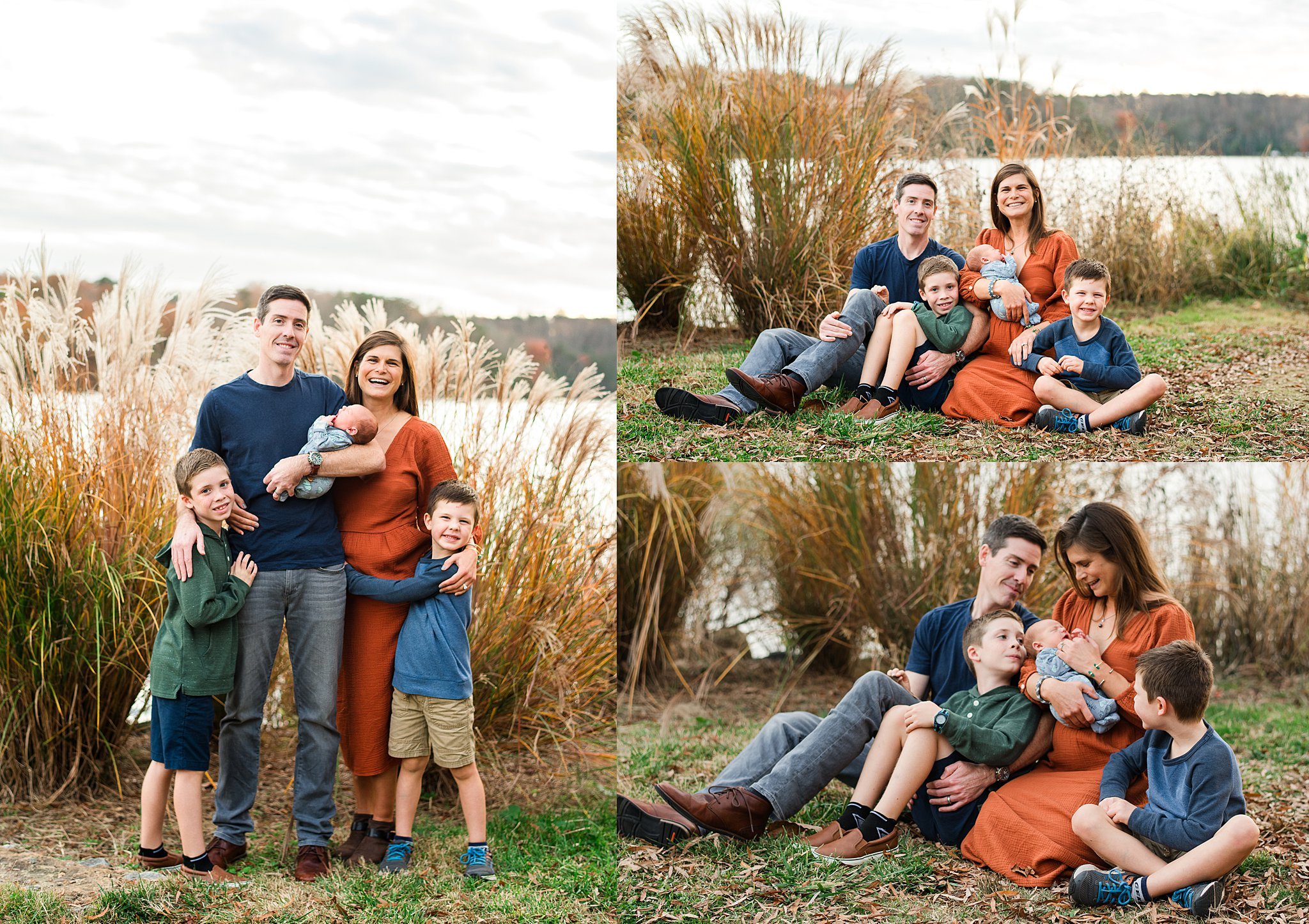 family of 5 sitting in front of waterway and beach grasses