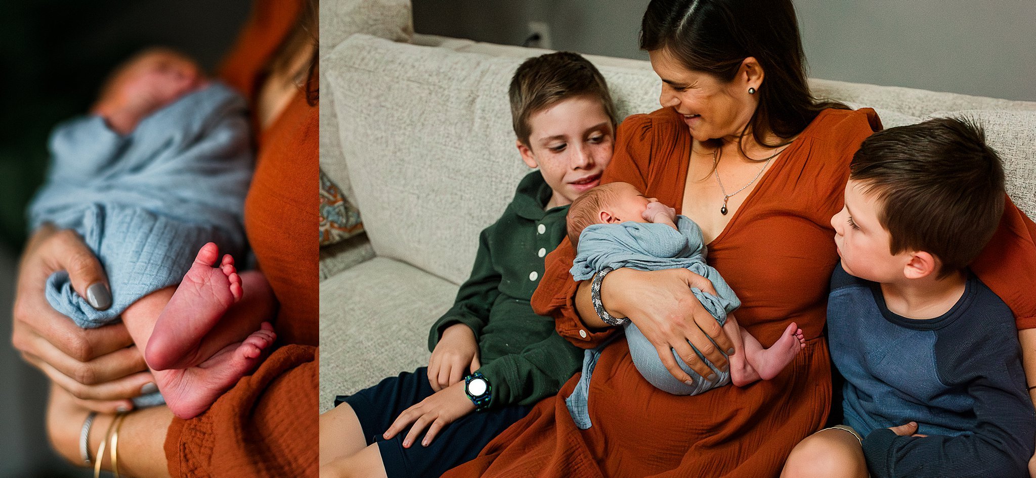 newborn baby feet and mom sitting with her newborn baby and two older boys