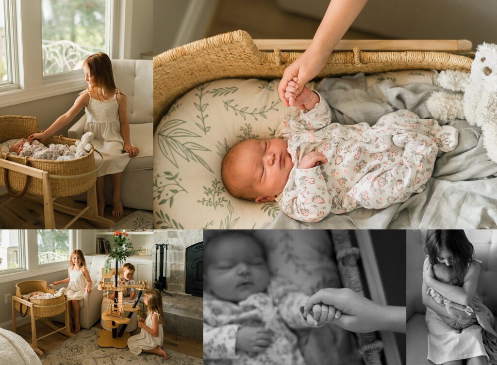 Siblings playing near newborn baby, big sister holding newborn sister's hand