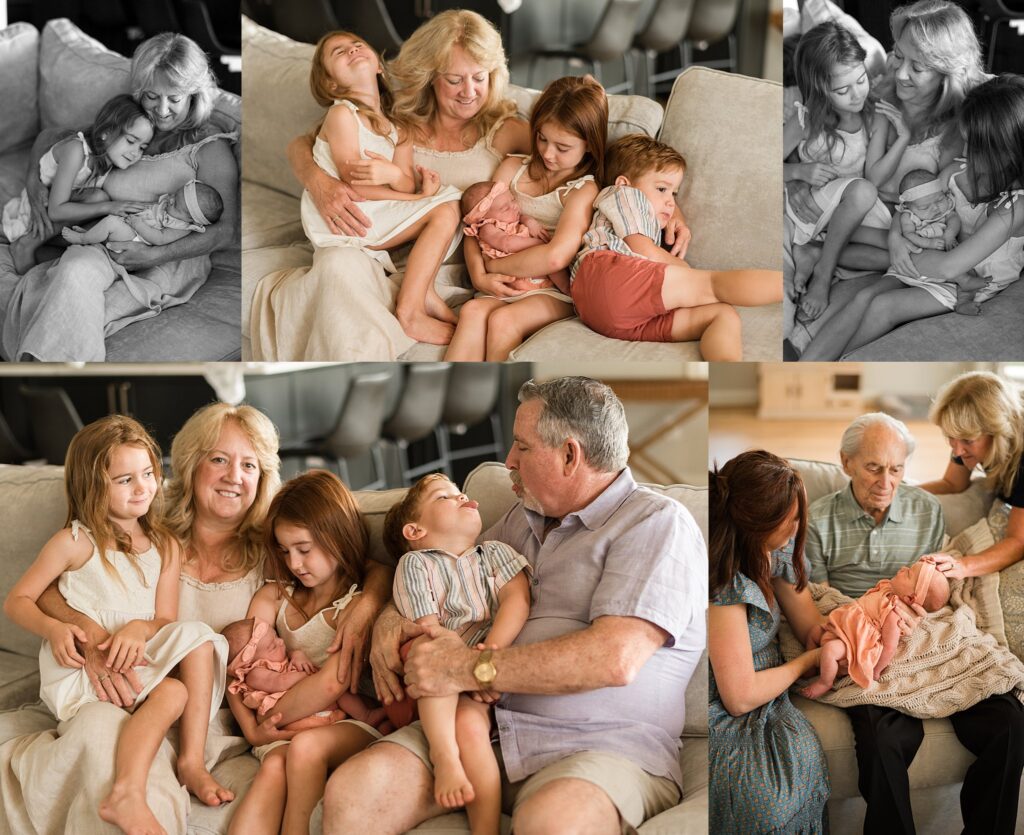 grandma and grandpa snuggle grandchildren on couch, and great grandfather looks at his newborn great granddaughhter