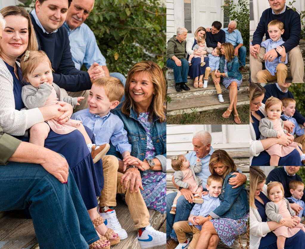 mom, dad, grandparents and children sit on steps and snuggle for photos