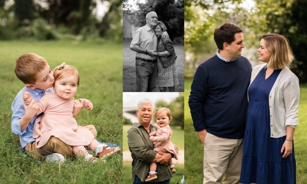 collage of family photos, brother kissing little sister on cheek, mom and dad looking at each other, grandparents hugging and grandma holding granddaughter