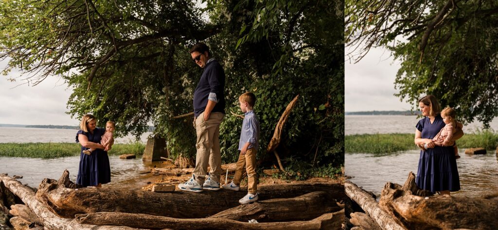 family standing on driftwood logs on beach